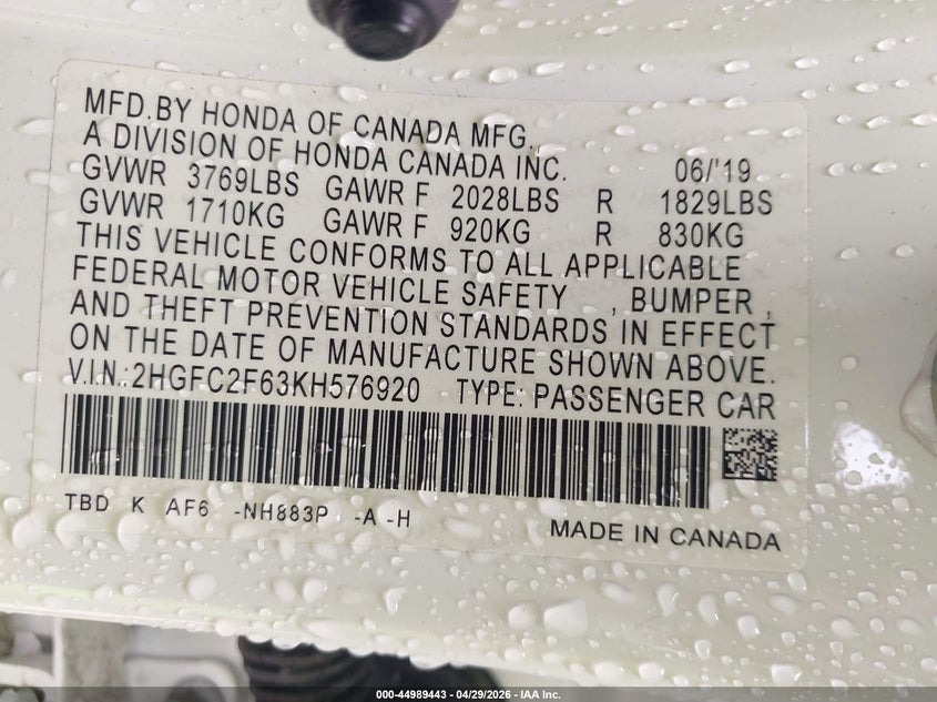 2019 HONDA CIVIC SEDAN 2.0L I-4 DOHC, VVT, 158HP