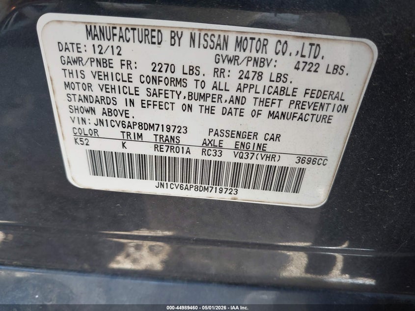 2013 Infiniti G37 Journey VIN: JN1CV6AP8DM719723 Lot: 44989460