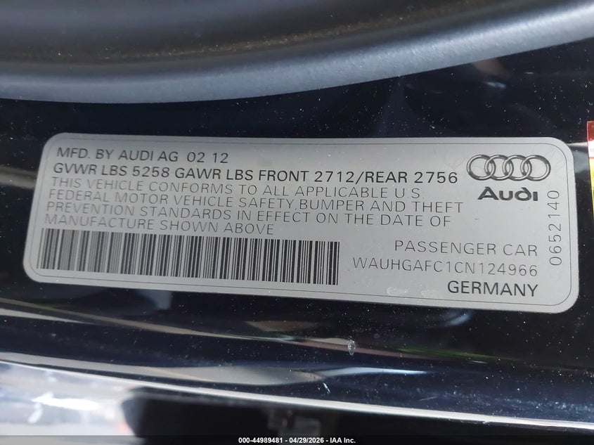 2012 Audi A6 3.0 3.0 Premium black Lot 111044989481 Vin WAUHGAFC1CN124966