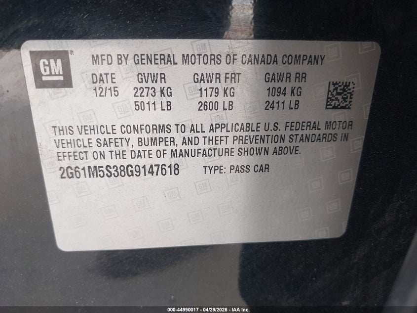 2016 Cadillac Xts Luxury Collection VIN: 2G61M5S38G9147618 Lot: 44990017