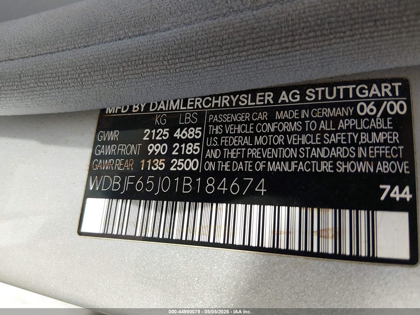 2001 Mercedes-Benz E 320 VIN: WDBJF65J01B184674 Lot: 44990079