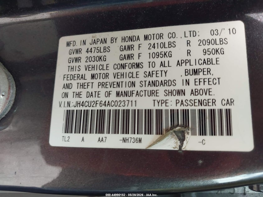 2010 Acura Tsx 2.4 VIN: JH4CU2F64AC023711 Lot: 44990152