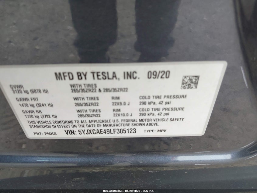 2020 Tesla Model X Performance Dual Motor All-Wheel Drive VIN: 5YJXCAE49LF305123 Lot: 44990358