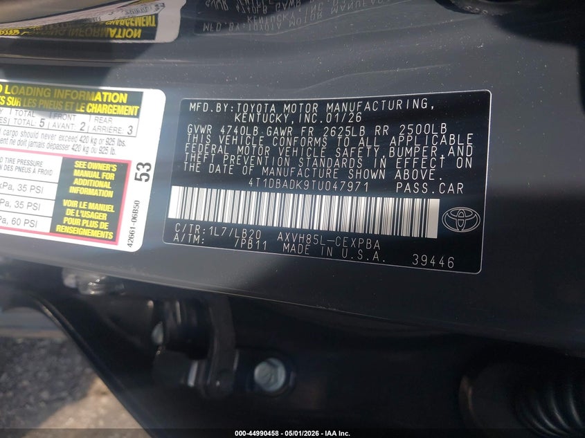 2026 TOYOTA CAMRY 2.5L I-4 DI, DOHC, V(VIN: 4T1DBADK9TU047971