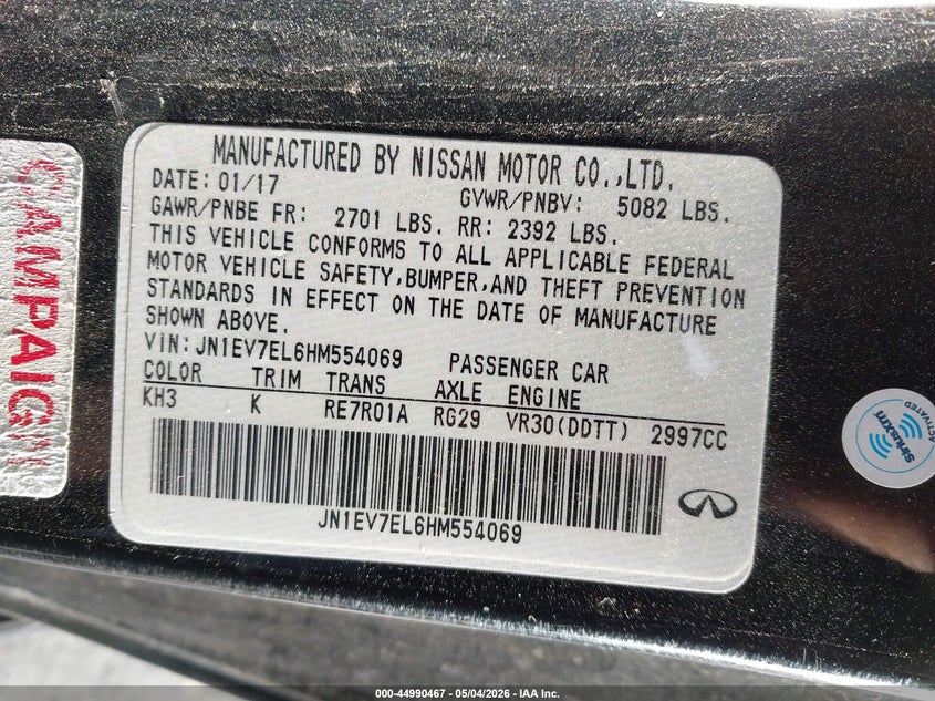 2017 Infiniti Q60 3.0T Premium VIN: JN1EV7EL6HM554069 Lot: 44990467
