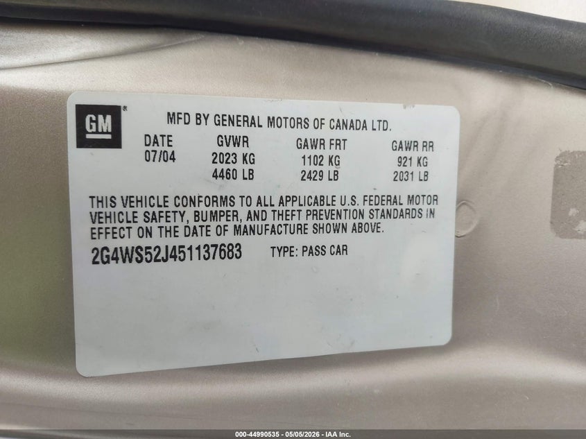 2005 Buick Century VIN: 2G4WS52J451137683 Lot: 44990535
