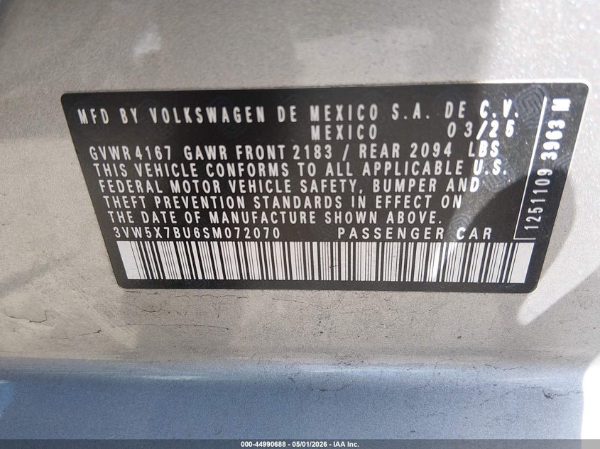 2025 VOLKSWAGEN JETTA 1.5L I-4 DI, DOHC, V(VIN: 3VW5X7BU6SM072070