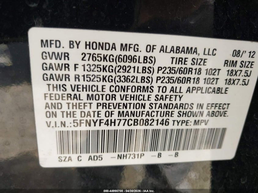 2012 Honda Pilot 3.5 Ex-L Black Lot 111044990708 Vin 5FNYF4H77CB082146