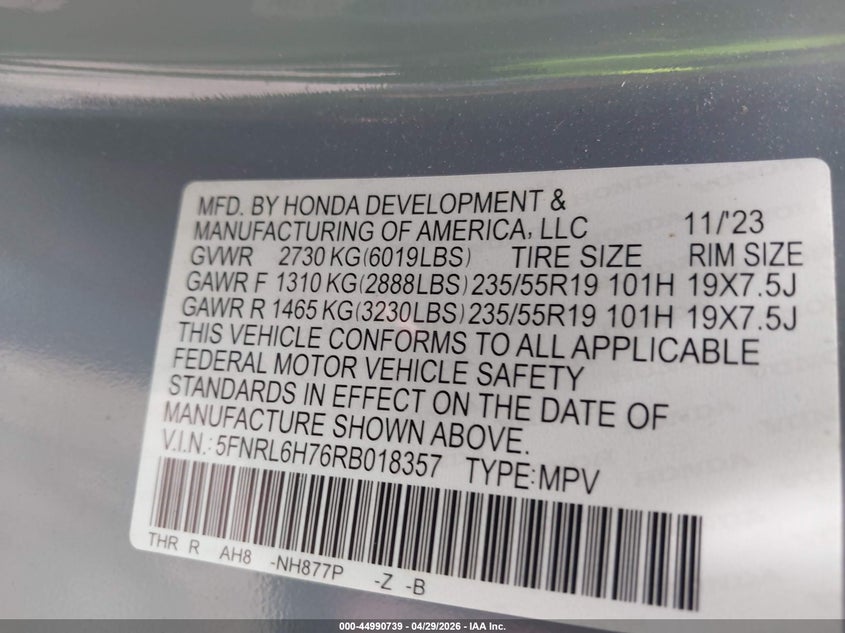 VIN 5FNRL6H76RB018357 2024 HONDA ODYSSEY SPORT