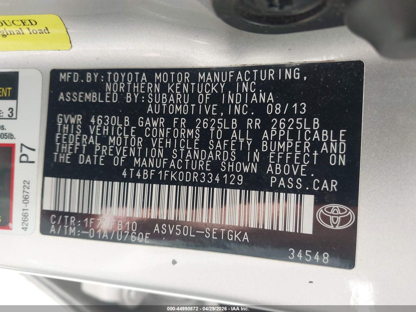 2013 TOYOTA CAMRY SEDAN 2.5L I-4 DOHC, VVT, 178HP