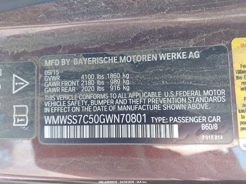 2016 Mini Paceman Cooper S VIN: WMWSS7C50GWN70801 Lot: 44990938
