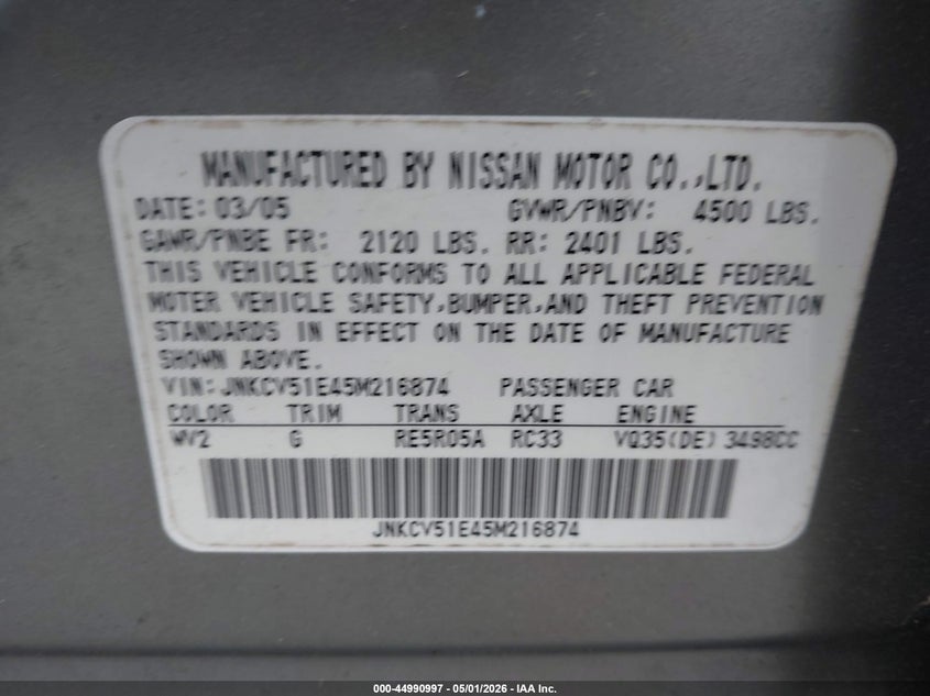 2005 Infiniti G35 VIN: JNKCV51E45M216874 Lot: 44990997
