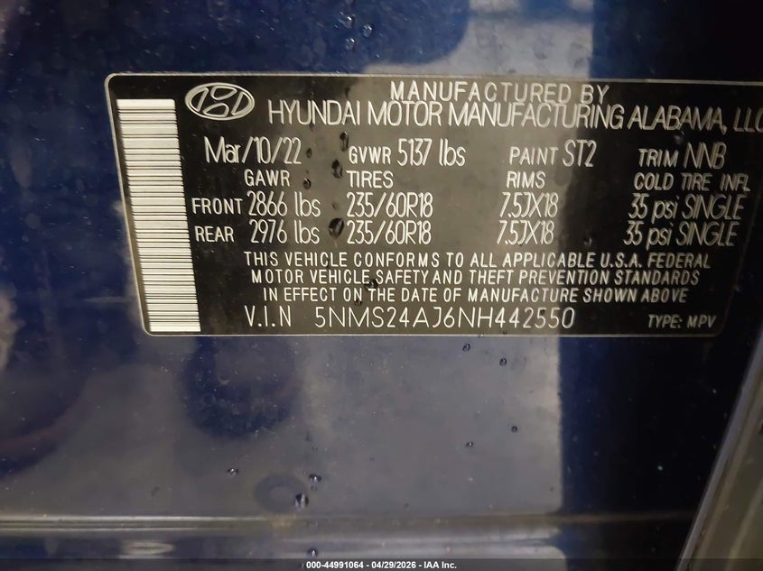 VIN 5NMS24AJ6NH442550 2022 HYUNDAI SANTA FE SEL