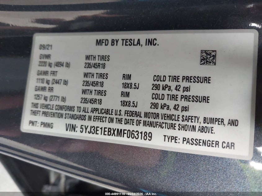 TESLA MODEL 3 2021 VIN 5YJ3E1EBXMF063189