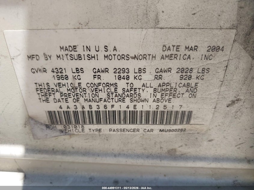 2004 Mitsubishi Galant Es VIN: 4A3AB36F14E112517 Lot: 44991311