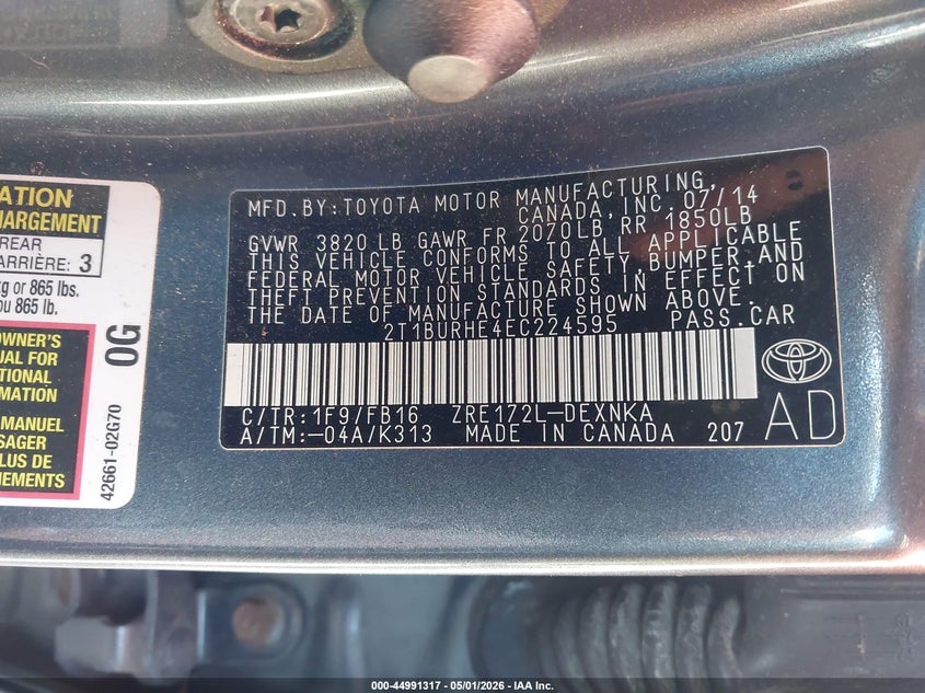2014 TOYOTA COROLLA SEDAN 1.8L I-4 DOHC, VVT, 132HP