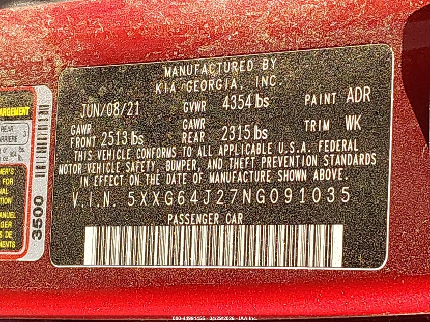 2022 KIA K5 1.6L I-4 DI, DOHC, V(VIN: 5XXG64J27NG091035