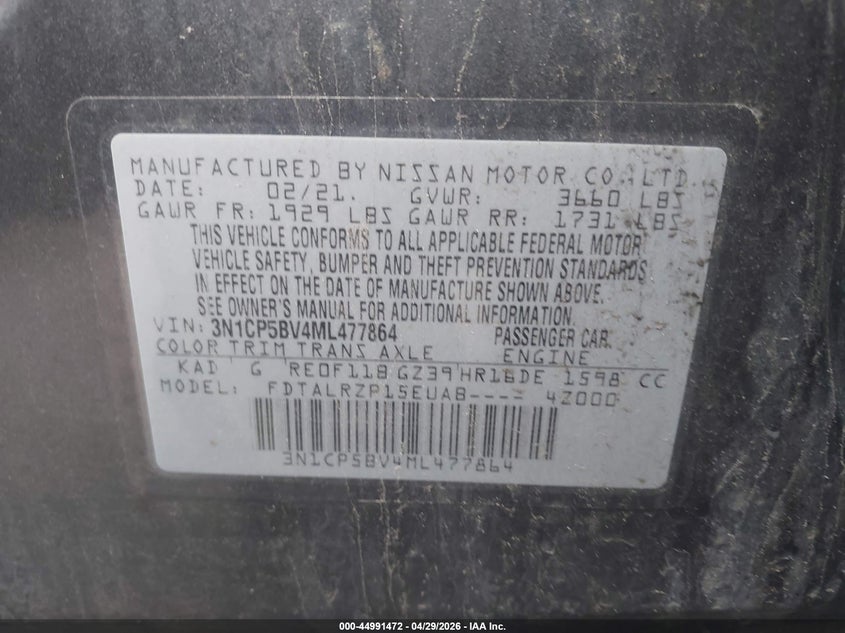 VIN 3N1CP5BV4ML477864 2021 NISSAN KICKS S XTRONIC CVT