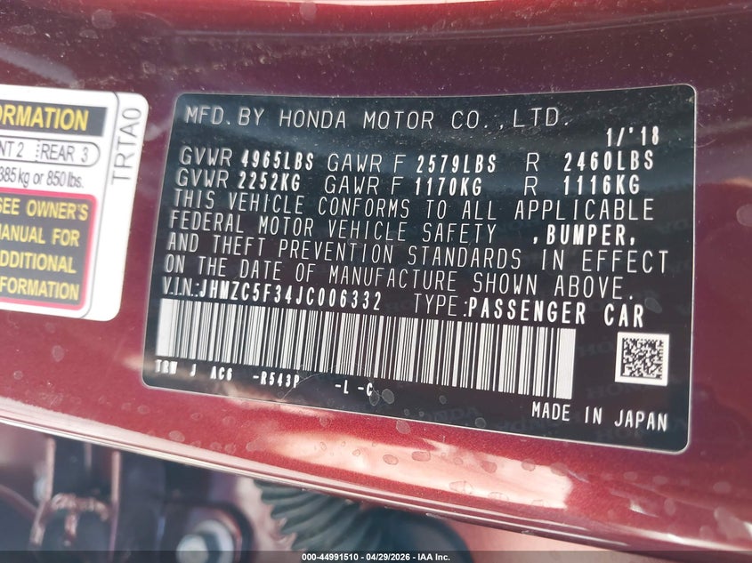 2018 Honda Clarity Plug-In Hybrid Touring VIN: JHMZC5F34JC006332 Lot: 44991510