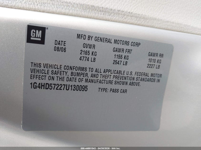2007 Buick Lucerne Cxl VIN: 1G4HD57227U130095 Lot: 44991543