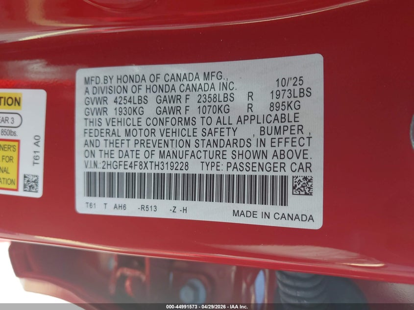 2026 HONDA CIVIC HYBRID 2.0L I-4 DI, DOHC, V(VIN: 2HGFE4F8XTH319228