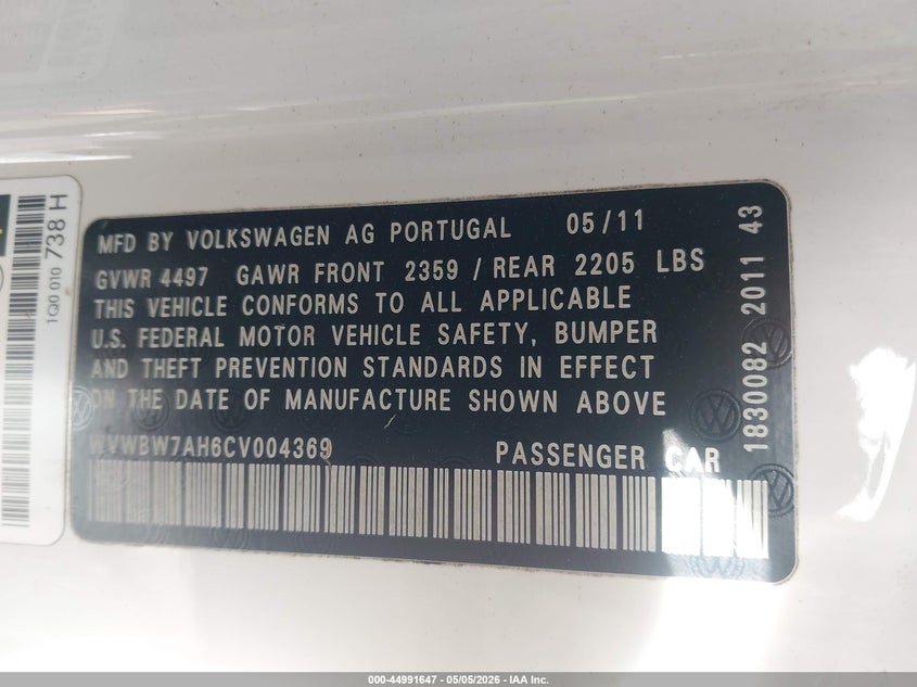 2012 Volkswagen Eos Komfort VIN: WVWBW7AH6CV004369 Lot: 44991647