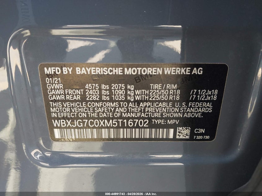 2021 BMW X1 2.0L I-4 DI, DOHC, V(VIN: WBXJG7C0XM5T16702