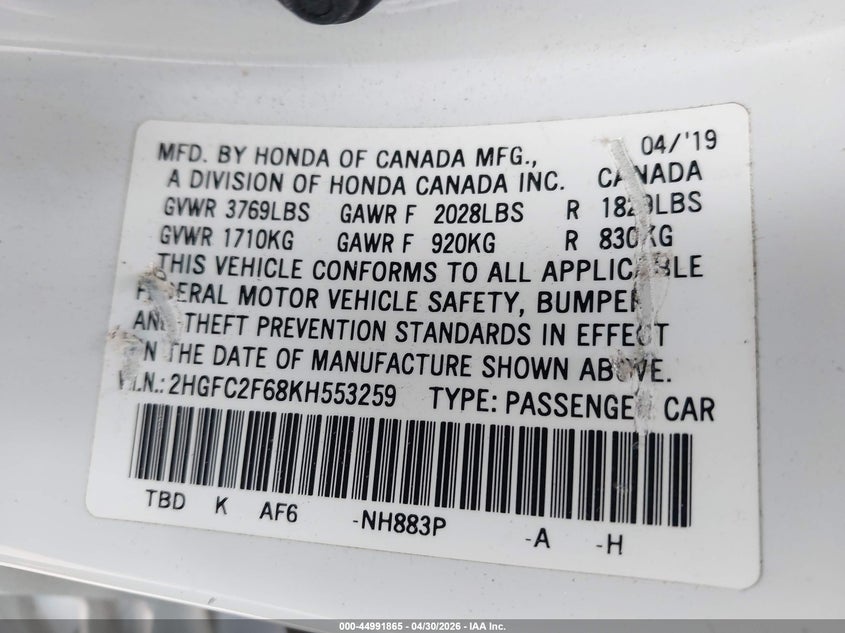 2019 HONDA CIVIC SEDAN 2.0L I-4 DOHC, VVT, 158HP
