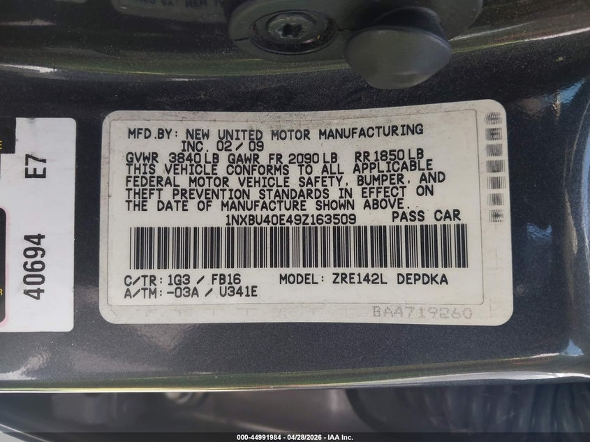 2009 Toyota Corolla Le VIN: 1NXBU40E49Z163509 Lot: 44991984