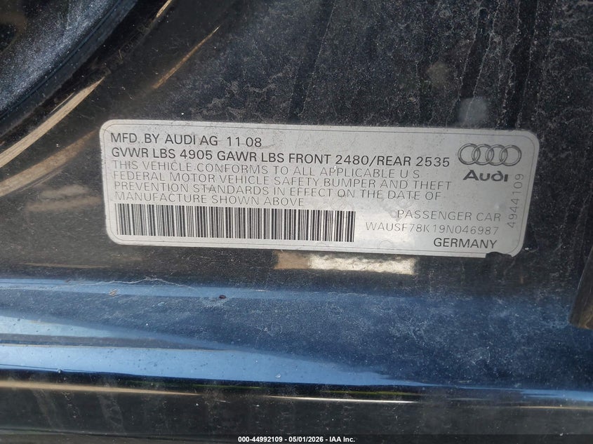 2009 AUDI A4 SEDAN 2.0L I-4 DI, DOHC, VVT, TURBO, 211HP