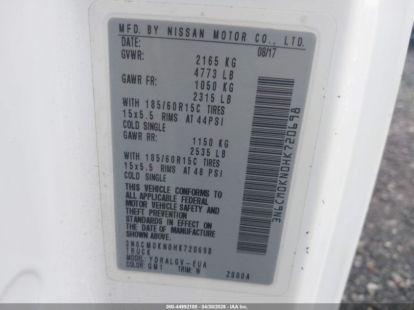 2017 Nissan Nv200 Sv VIN: 3N6CM0KN0HK720698 Lot: 44992188