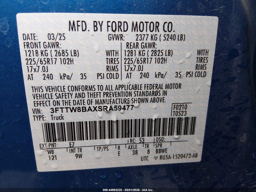VIN 3FTTW8BAXSRA59477 2025 FORD MAVERICK XL