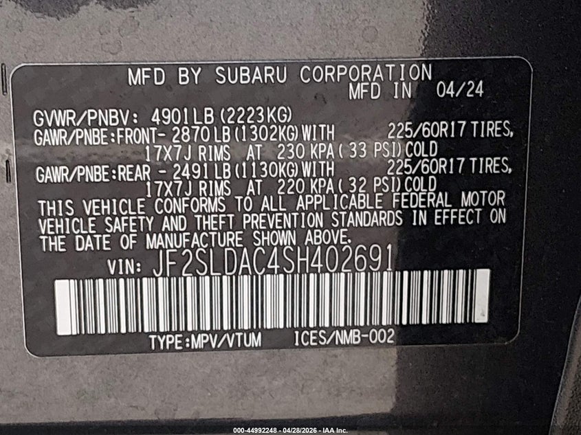 2025 SUBARU FORESTER 2.5L H-4 DI, DOHC, V(VIN: JF2SLDAC4SH402691