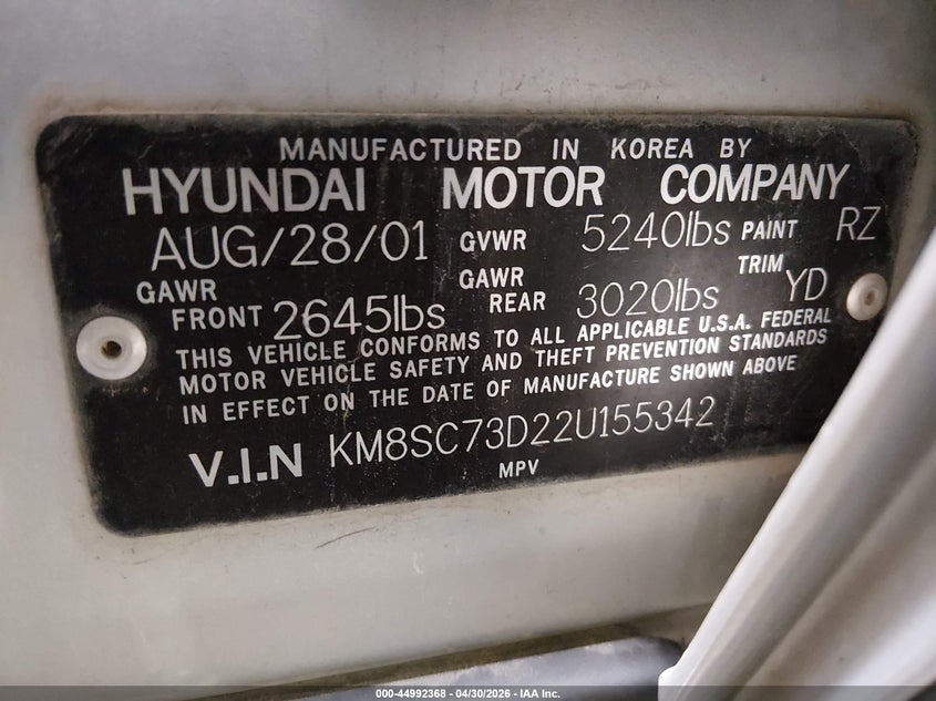 2002 Hyundai Santa Fe Gls/Lx VIN: KM8SC73D22U155342 Lot: 44992368