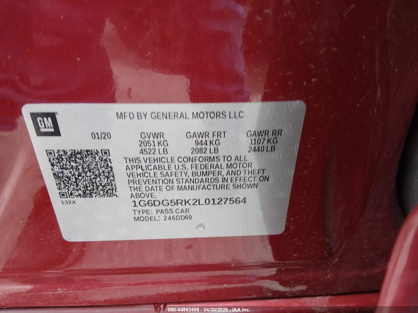 2020 Cadillac Ct4 Sport VIN: 1G6DG5RK2L0127564 Lot: 44992409