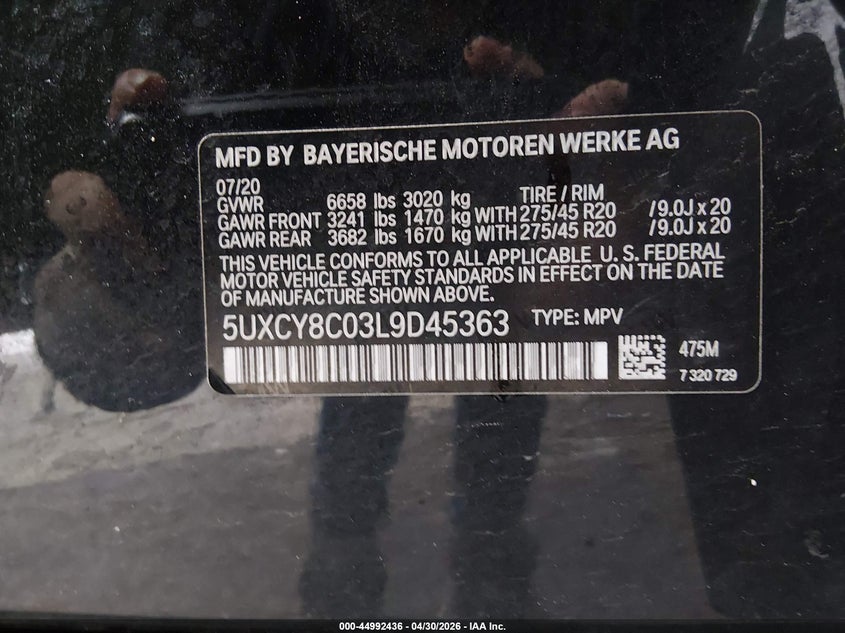 2020 BMW X6 M50I VIN: 5UXCY8C03L9D45363 Lot: 44992436