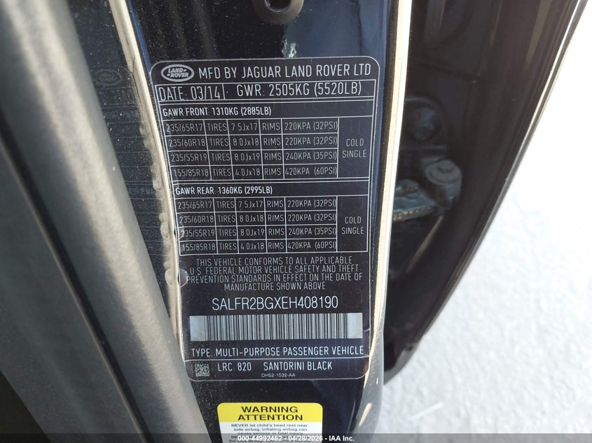 2014 Land Rover Lr2 VIN: SALFR2BGXEH408190 Lot: 44992462