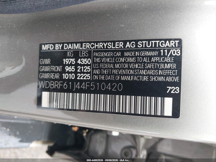 2004 Mercedes-Benz C 240 VIN: WDBRF61J44F510420 Lot: 44992526