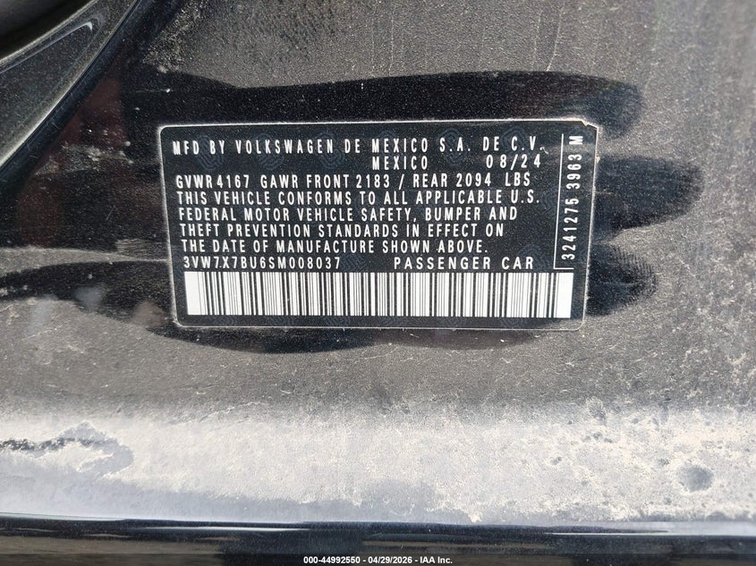 2025 VOLKSWAGEN JETTA 1.5L I-4 DI, DOHC, V(VIN: 3VW7X7BU6SM008037
