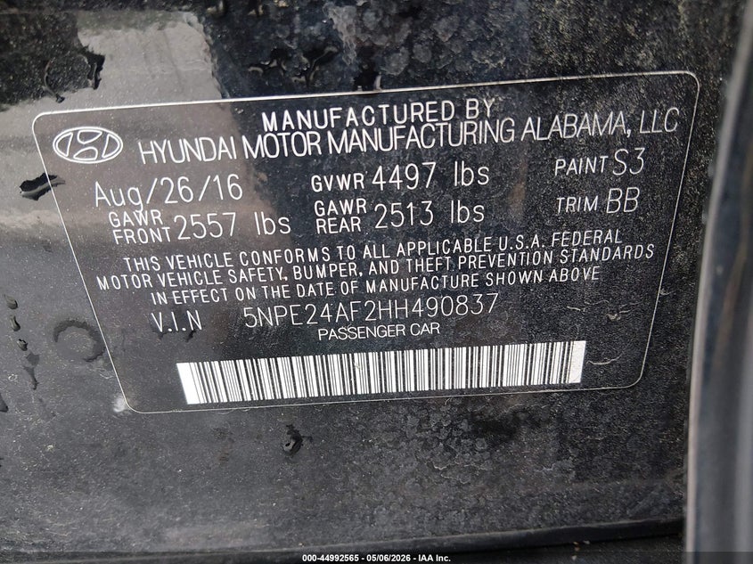 VIN 5NPE24AF2HH490837 2017 HYUNDAI SONATA SE