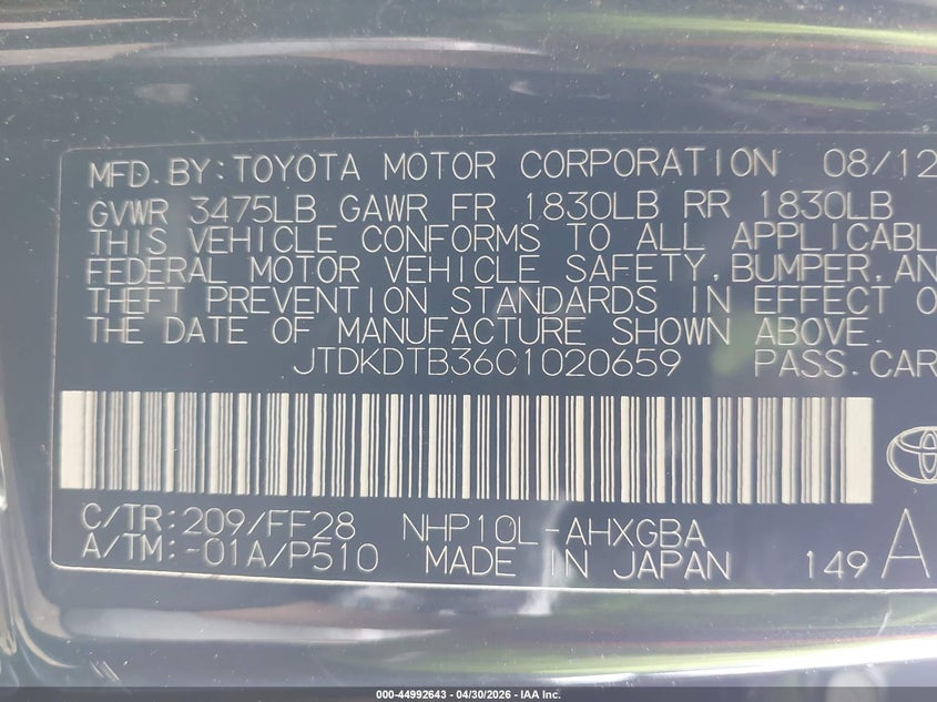 2012 Toyota Prius C Three VIN: JTDKDTB36C1020659 Lot: 44992643