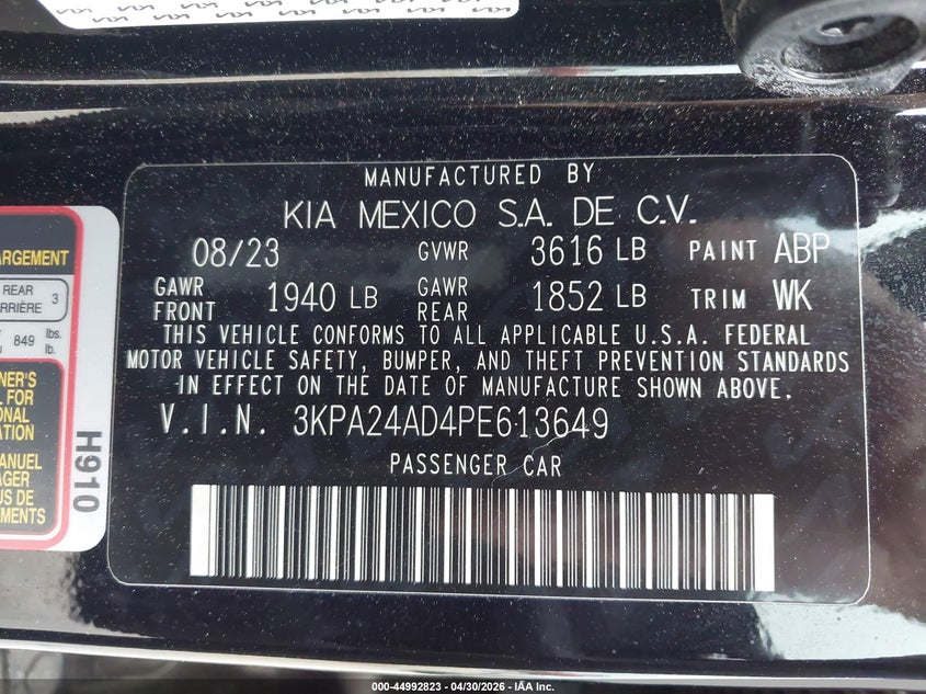 VIN 3KPA24AD4PE613649 2023 KIA RIO LX
