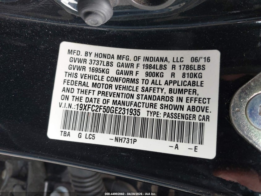 2016 HONDA CIVIC SEDAN 2.0L I-4 DOHC, VVT, 158HP
