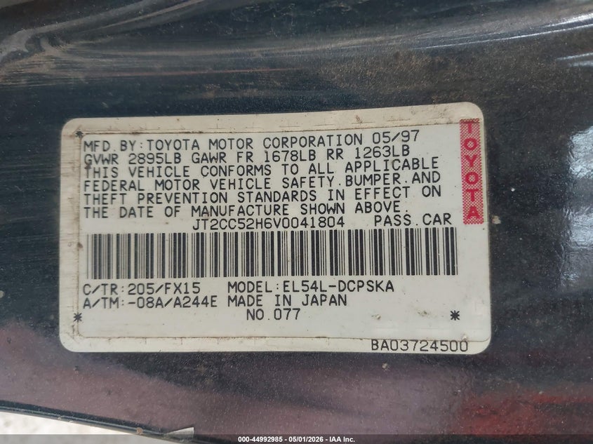 1997 Toyota Paseo VIN: JT2CC52H6V0041804 Lot: 44992985