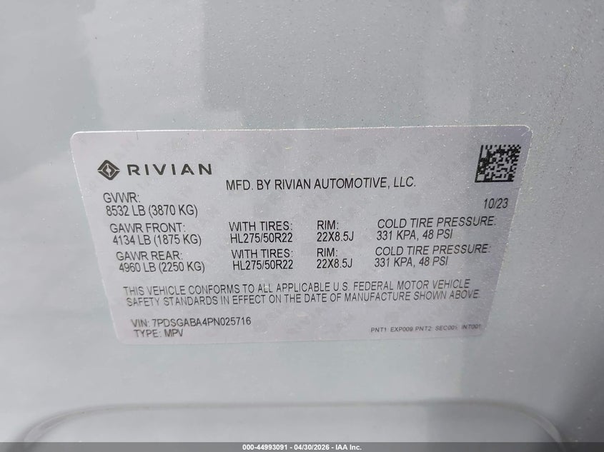 2023 Rivian R1S Adventure VIN: 7PDSGABA4PN025716 Lot: 44993091