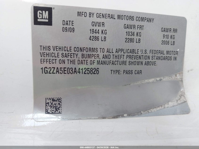 2010 Pontiac G6 VIN: 1G2ZA5E03A4125826 Lot: 44993137
