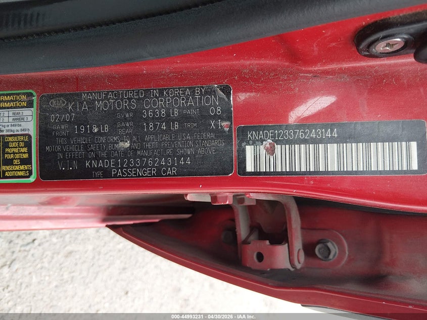 2007 Kia Rio Lx VIN: KNADE123376243144 Lot: 44993231