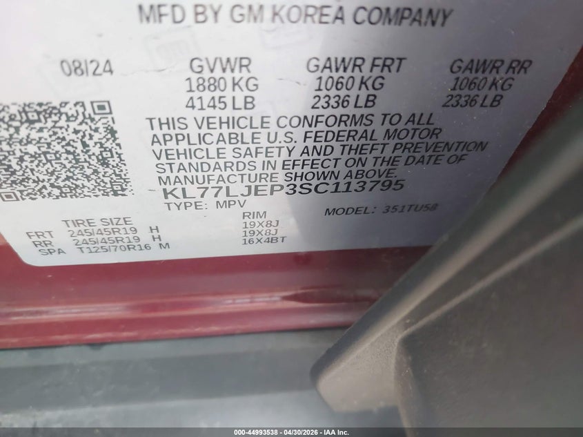 CHEVROLET TRAX 2025 VIN KL77LJEP3SC113795