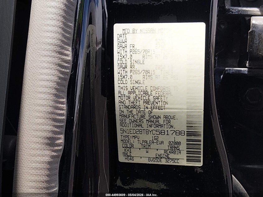 2000 Nissan Xterra Se/Xe VIN: 5N1ED28T8YC581788 Lot: 44993609