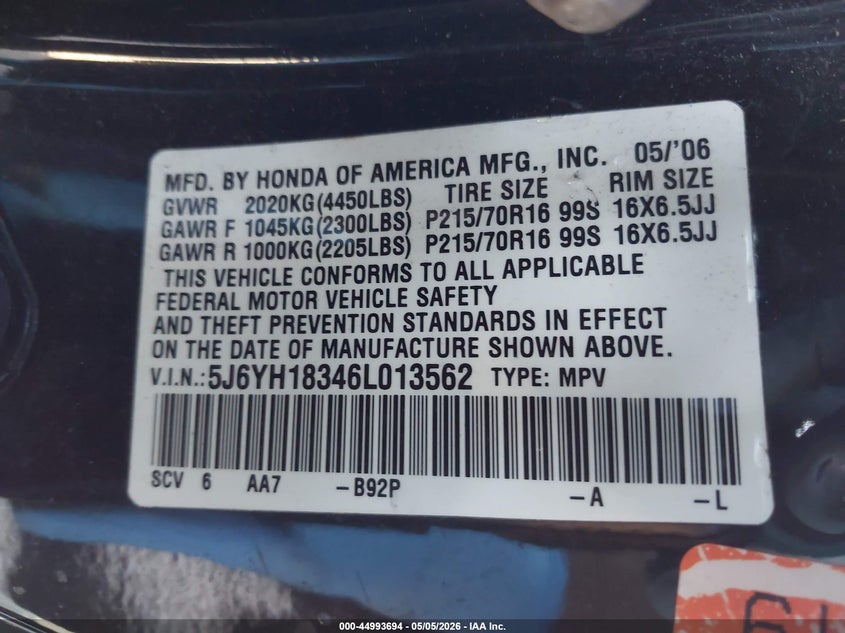 2006 Honda Element Lx VIN: 5J6YH18346L013562 Lot: 44993694